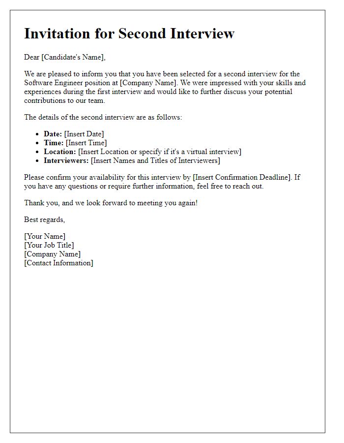 Letter template of second interview invitation for a software engineer role