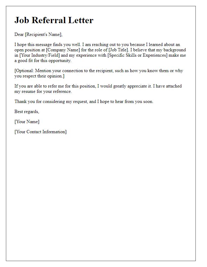 Letter template of connection-based job referral
