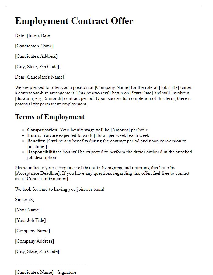 Letter template of employment contract offer for contract-to-hire arrangement