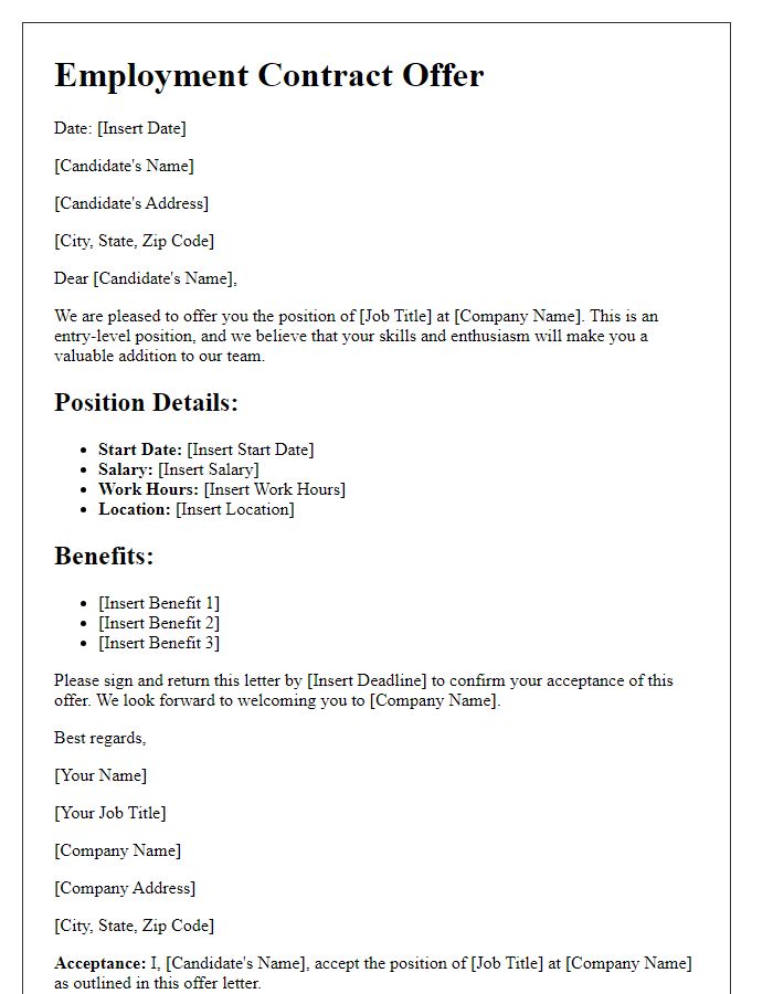Letter template of employment contract offer for entry-level position