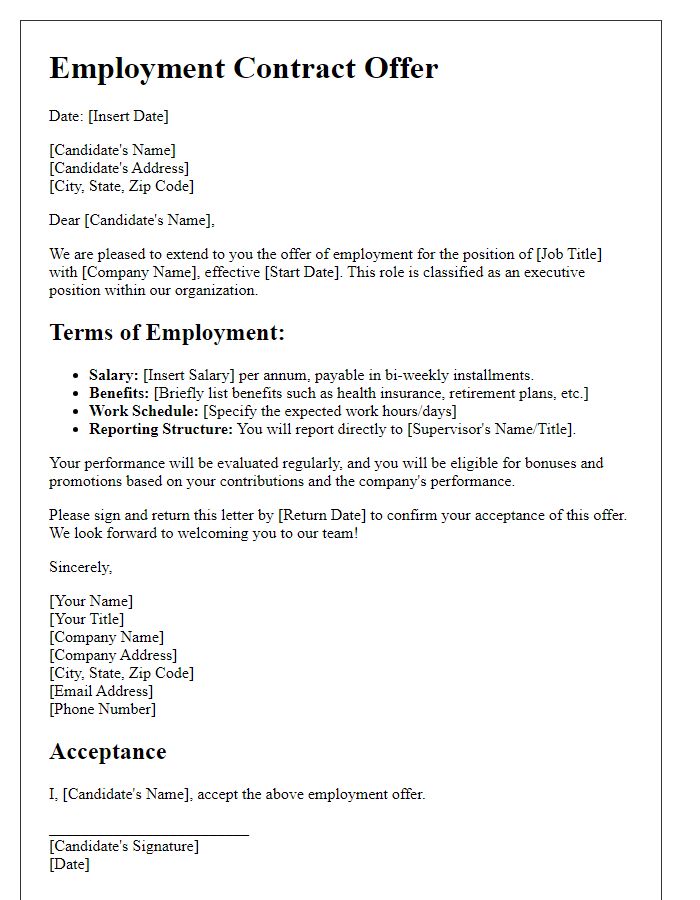 Letter template of employment contract offer for executive role