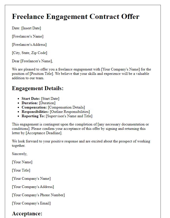 Letter template of employment contract offer for freelance engagement