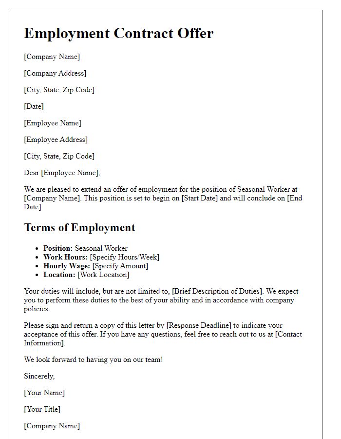 Letter template of employment contract offer for seasonal workers