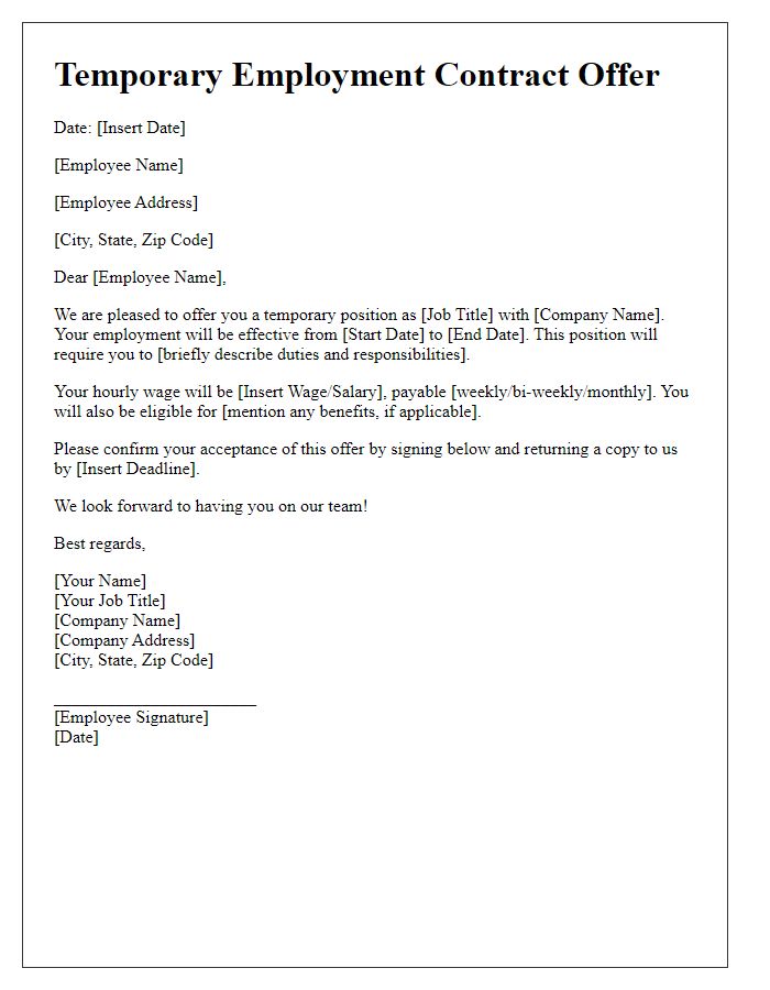 Letter template of employment contract offer for temporary employment