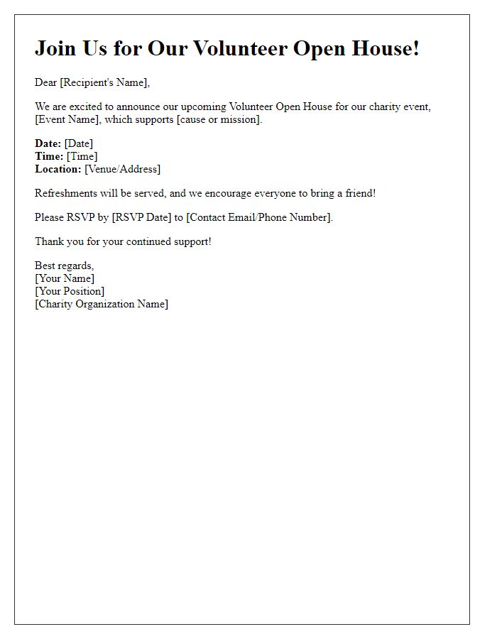 Letter template of announcement for volunteer open house for charity event