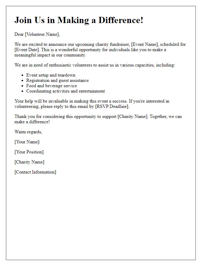 Letter template of recruitment for volunteers at a charity fundraiser