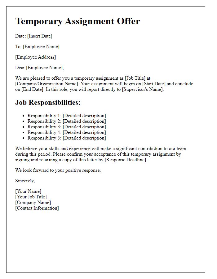 Letter template of temporary assignment offer with detailed job responsibilities.