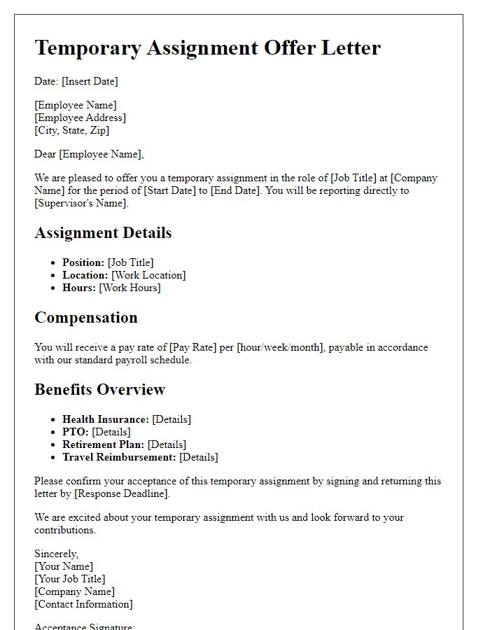 Letter template of temporary assignment offer including benefits overview.