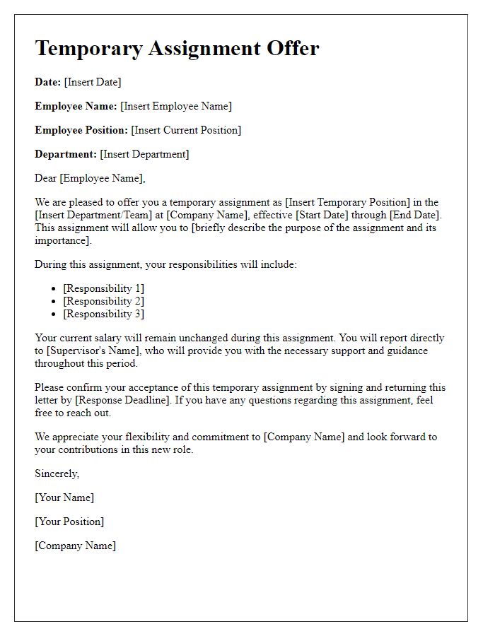 Letter template of temporary assignment offer for internal employees.