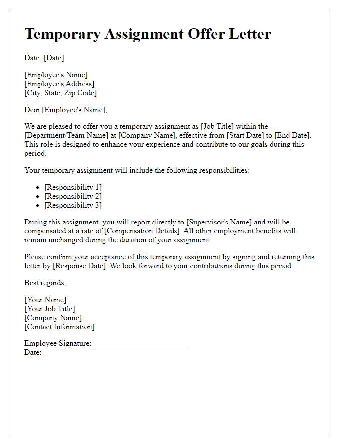 Letter template of temporary assignment offer for management positions.