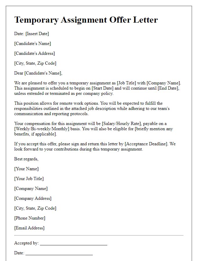 Letter template of temporary assignment offer with remote work options.