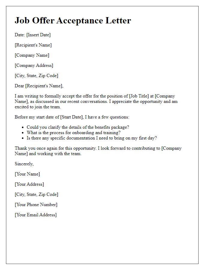 Letter template of job offer acceptance with questions