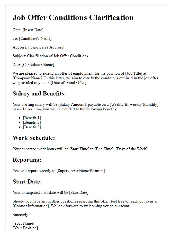 Letter template of job offer conditions clarification