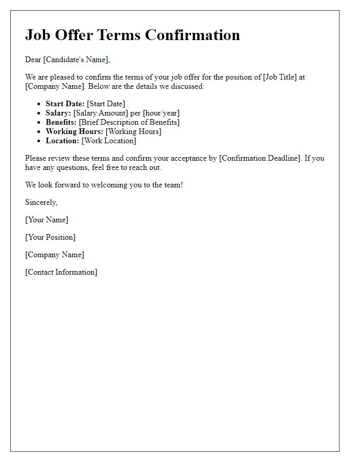 Letter template of job offer terms confirmation