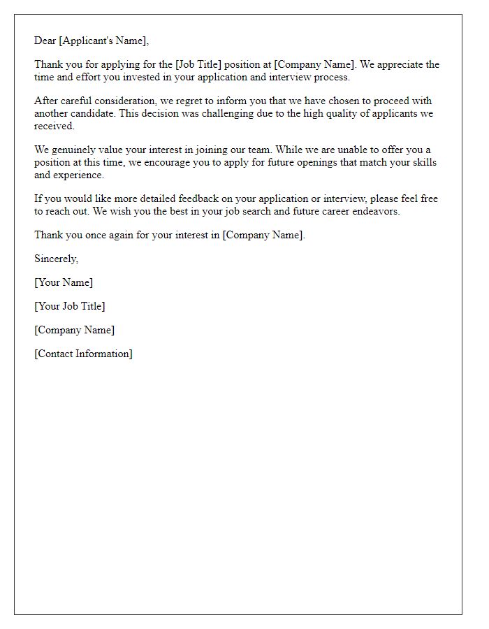 Letter template of feedback for unsuccessful applicants