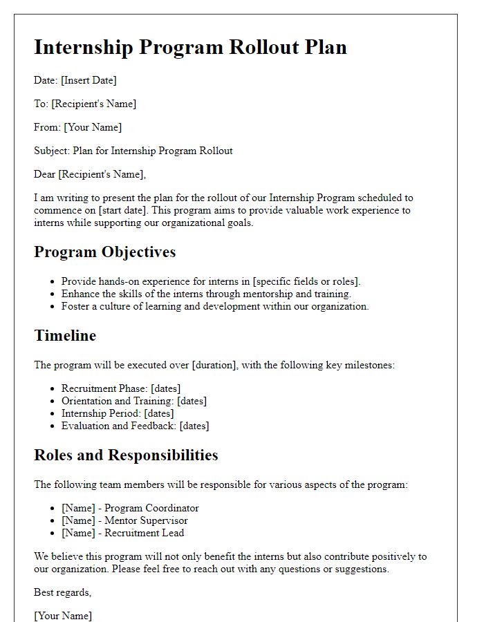 Letter template of Plan for Internship Program Rollout