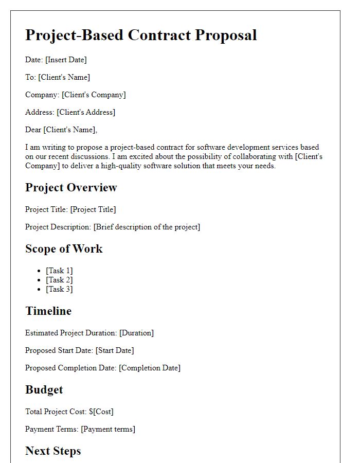 Letter template of project-based contract proposal for a software developer.