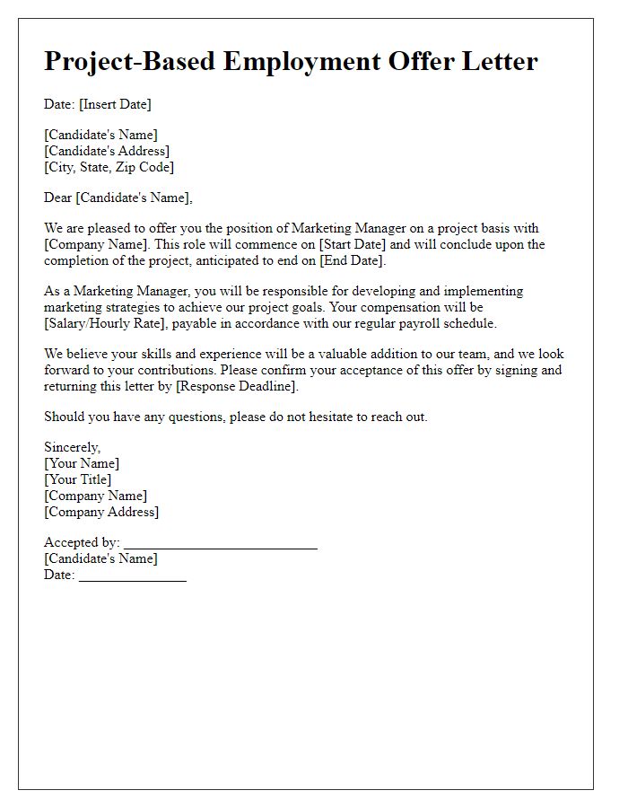 Letter template of project-based employment offer for a marketing manager.