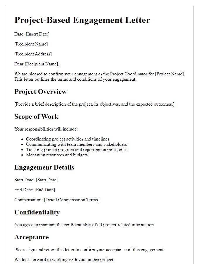 Letter template of project-based engagement letter for a project coordinator.