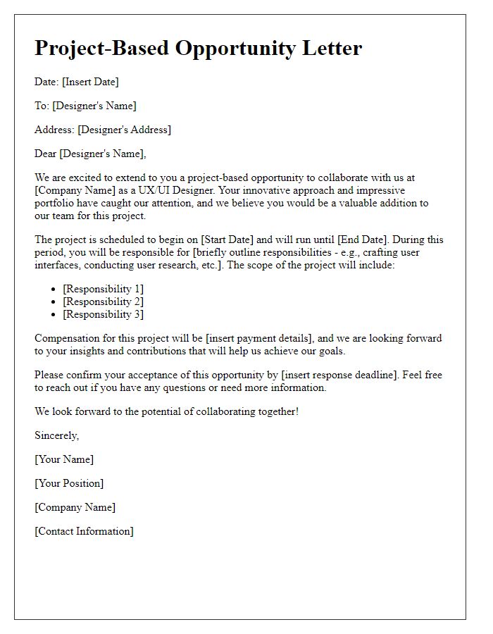 Letter template of project-based opportunity letter for a UX/UI designer.