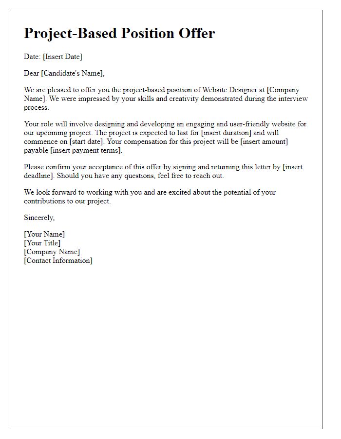 Letter template of project-based position offer for a website designer.