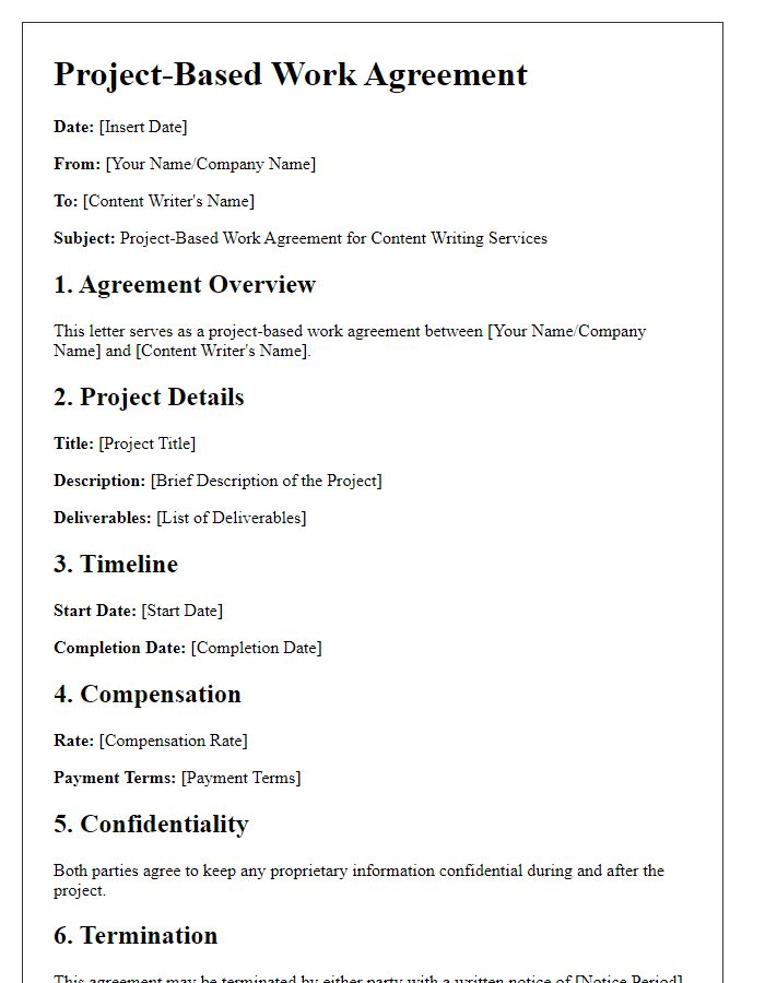 Letter template of project-based work agreement for a content writer.