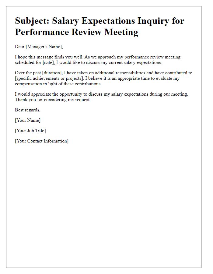 Letter template of salary expectations inquiry for a performance review meeting.