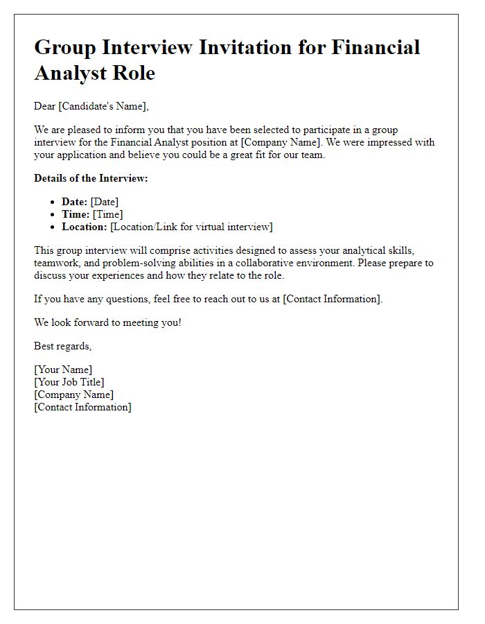 Letter template of group interview invitation for financial analyst roles.