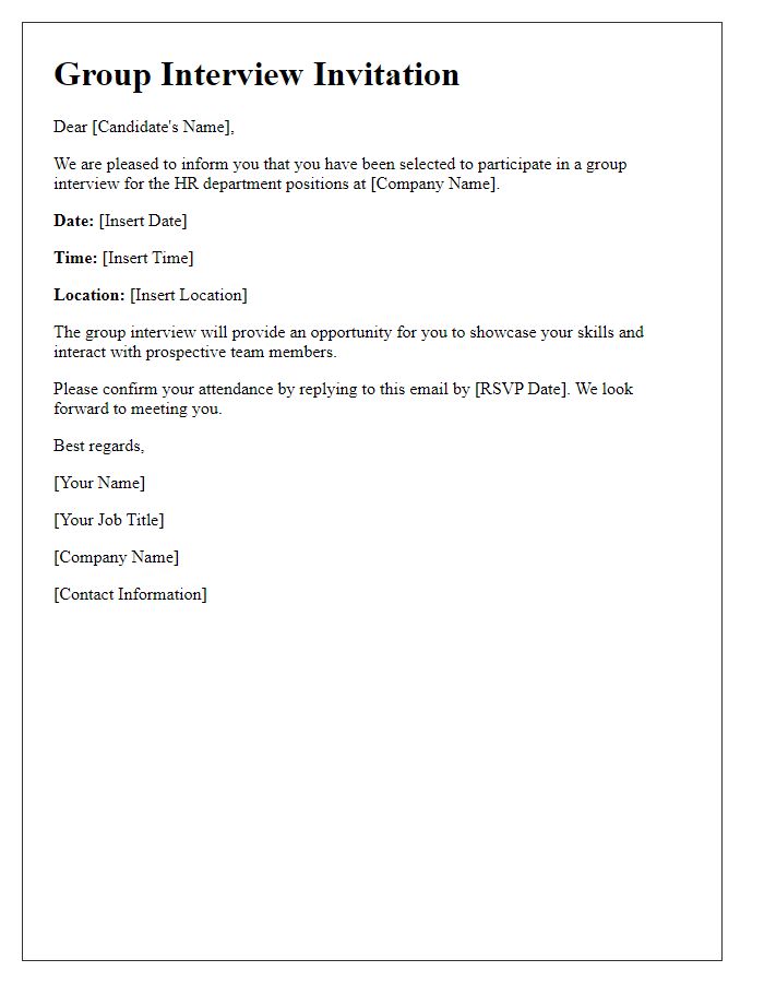 Letter template of group interview invitation for HR department positions.