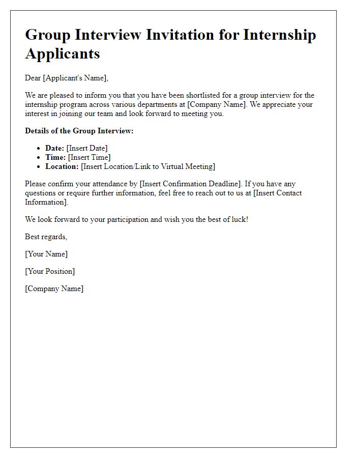 Letter template of group interview invitation for internships across departments.