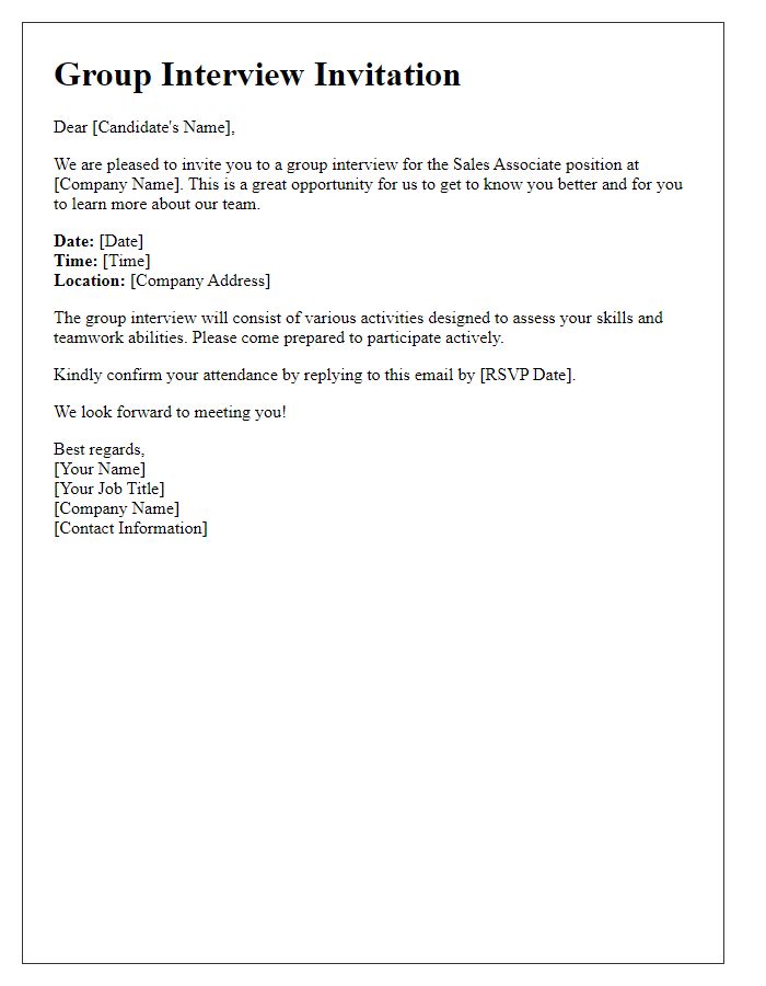 Letter template of group interview invitation for sales associates.