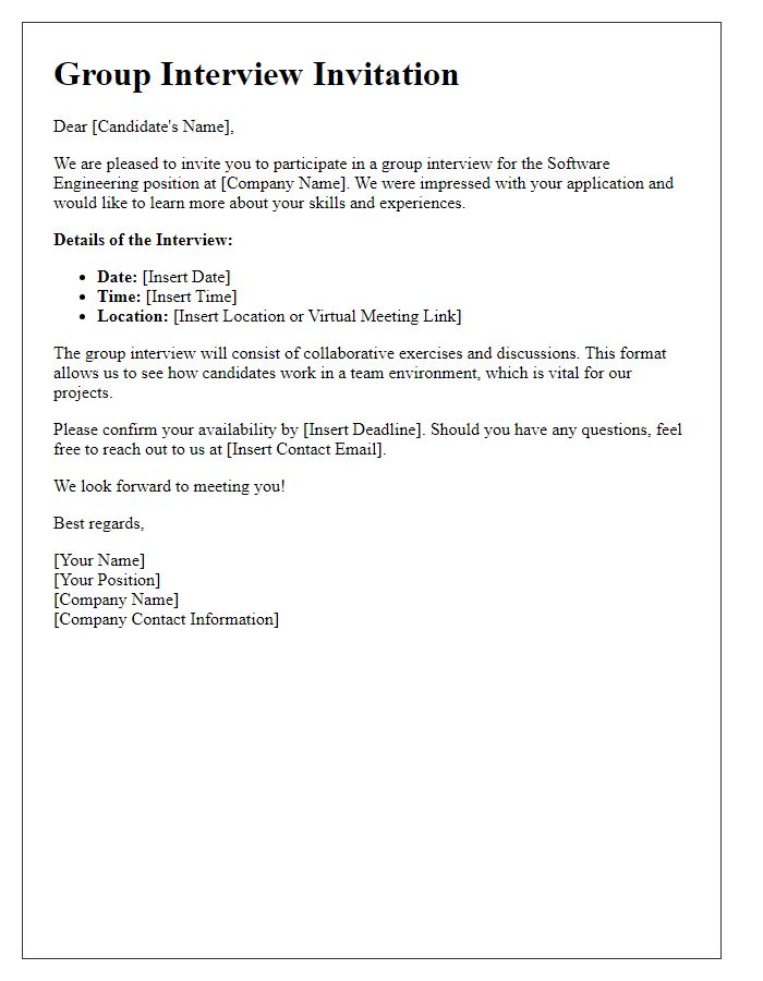 Letter template of group interview invitation for software engineering position.