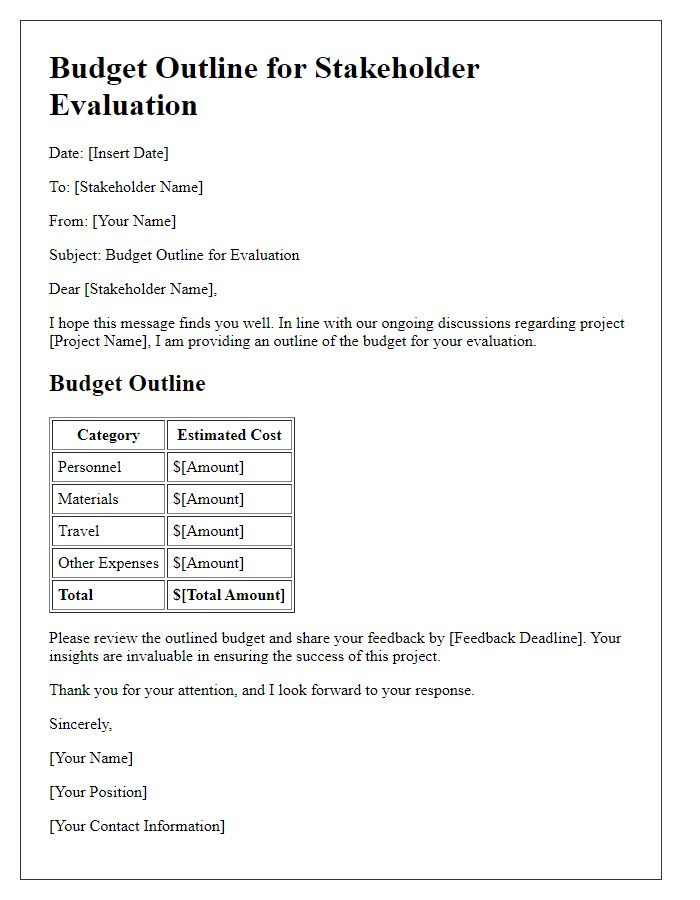 Letter template of budget outline for stakeholder evaluation