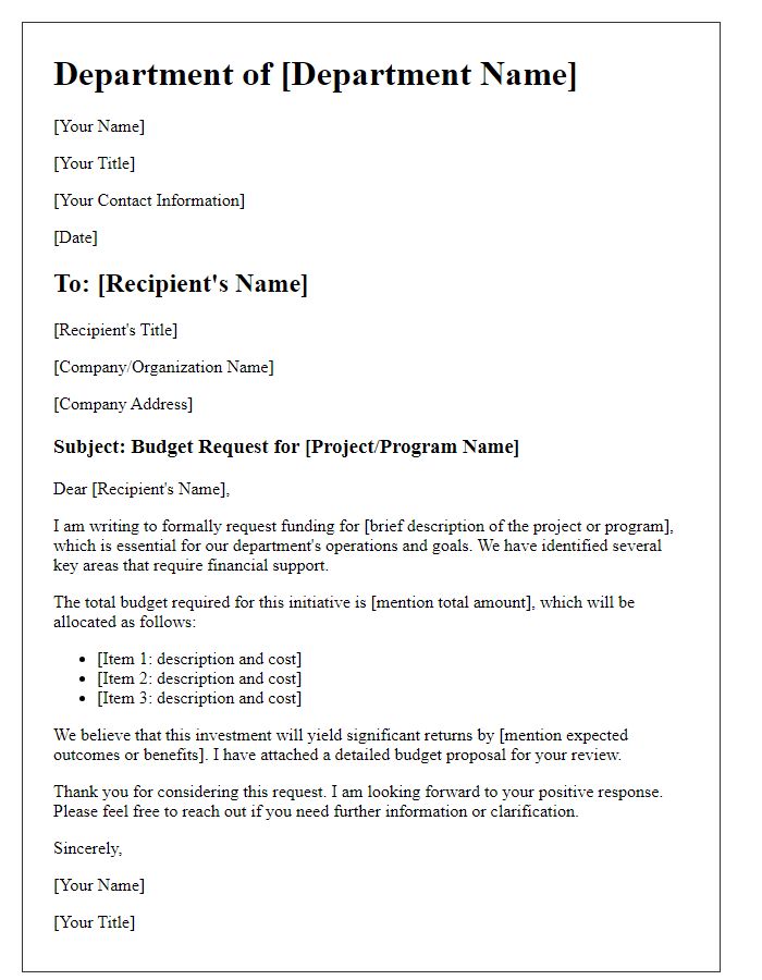 Letter template of budget request for departmental funding approval