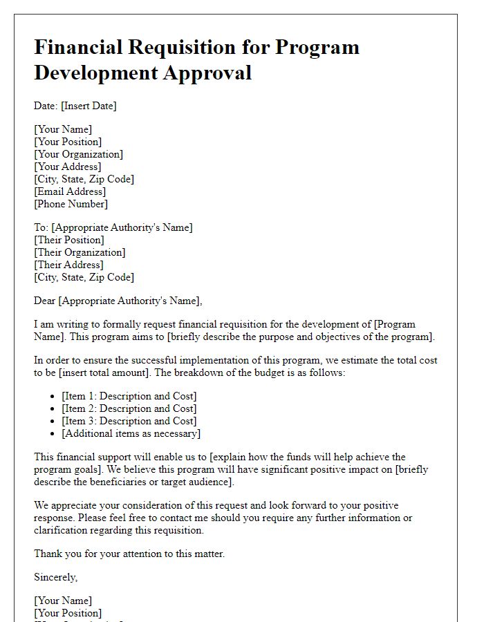 Letter template of financial requisition for program development approval