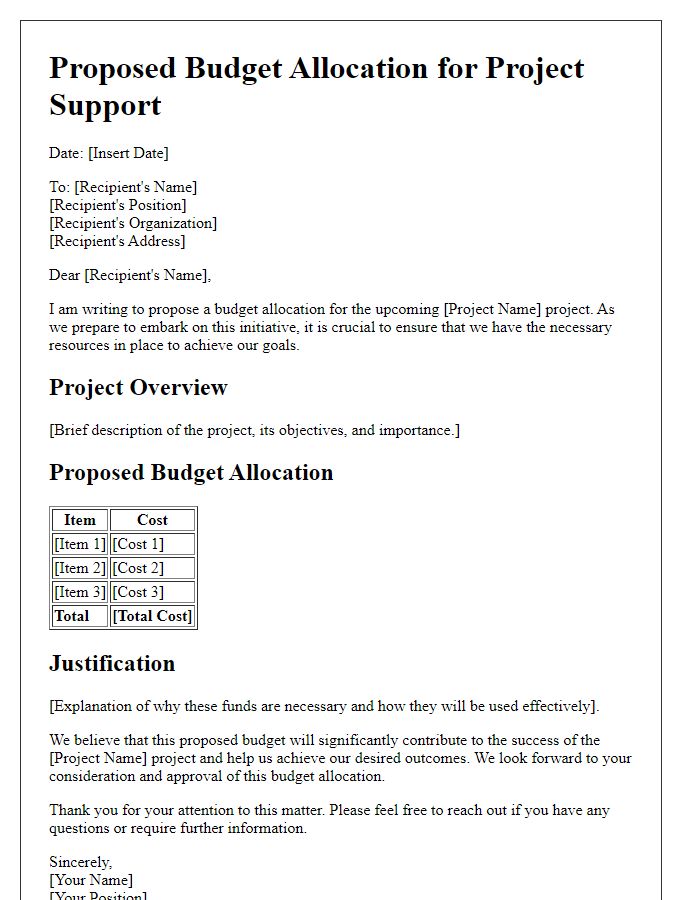 Letter template of proposed budget allocation for project support