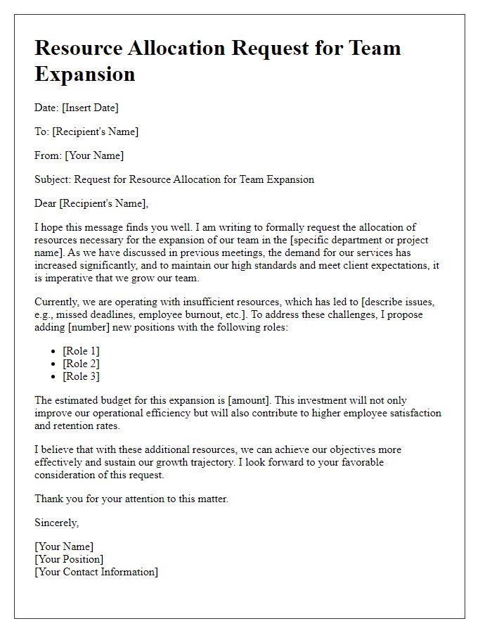 Letter template of resource allocation request for team expansion