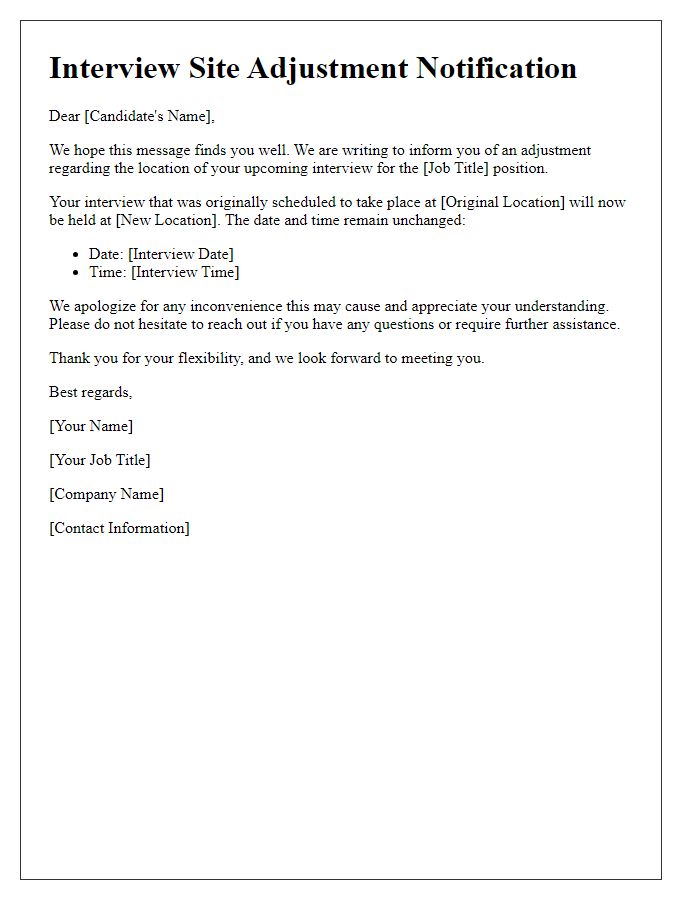 Letter template of interview site adjustment.