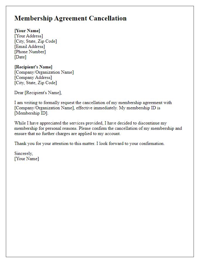 Letter template of Membership Agreement Cancellation