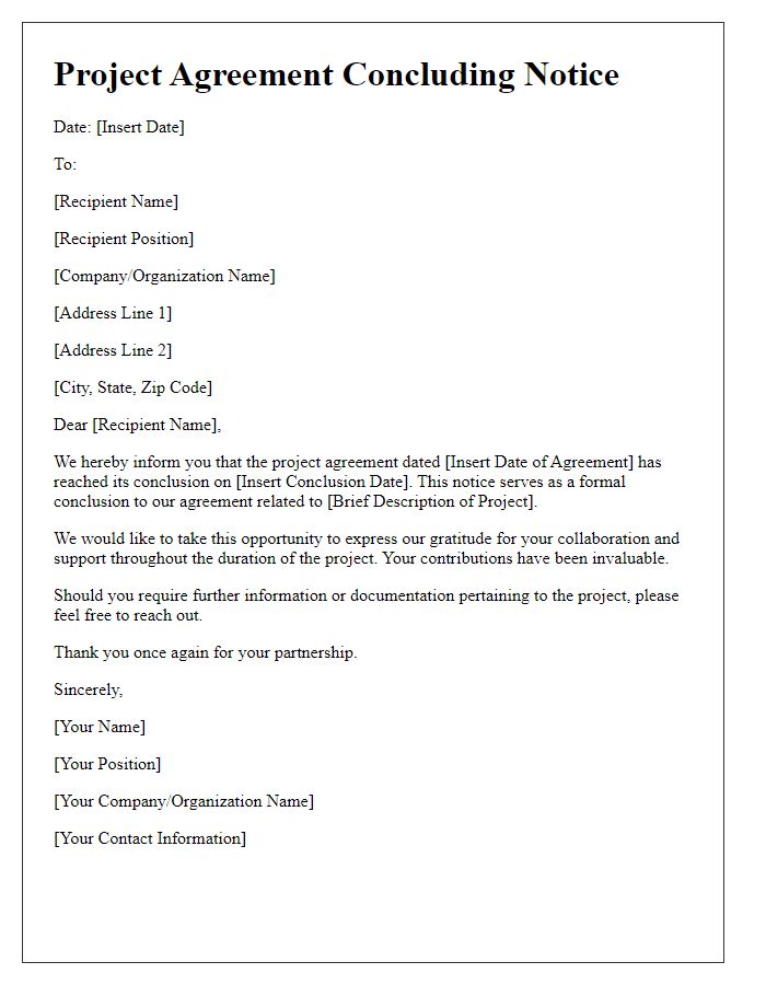 Letter template of Project Agreement Concluding Notice