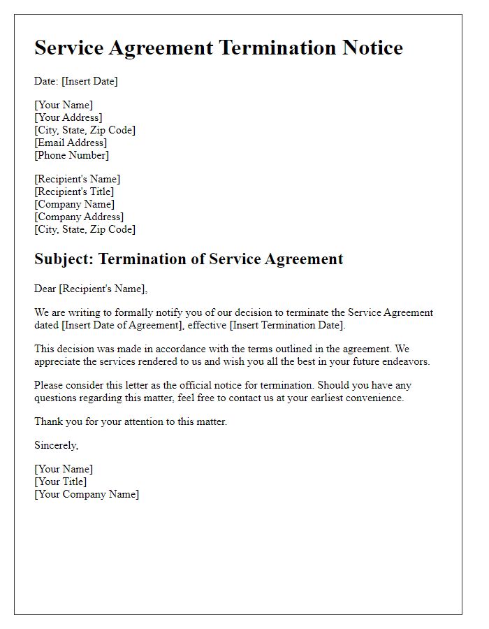 Letter template of Service Agreement Termination Notice