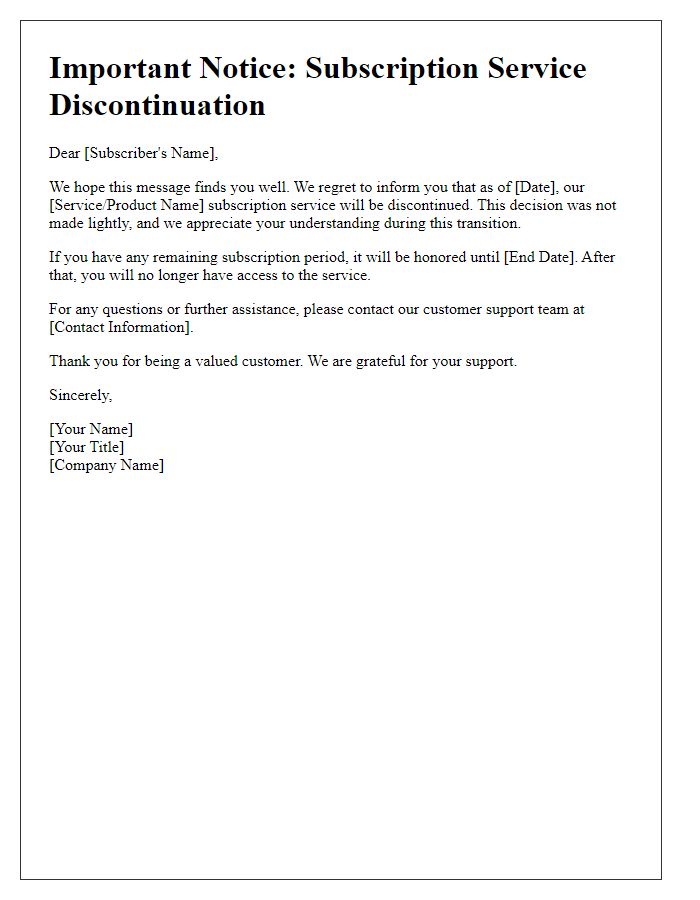 Letter template of Subscription Service Discontinuation Alert