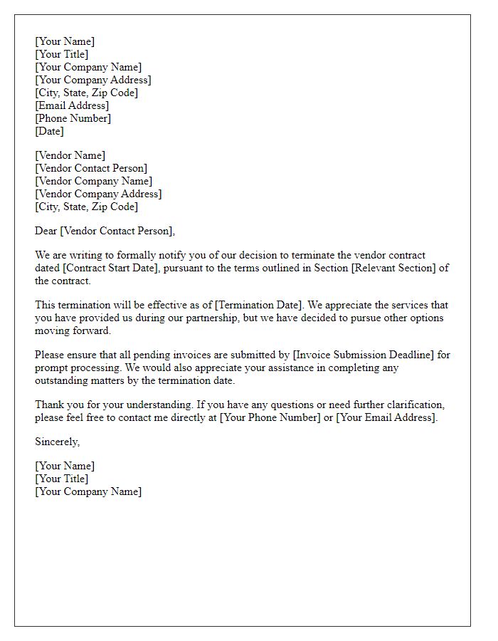 Letter template of Vendor Contract Termination