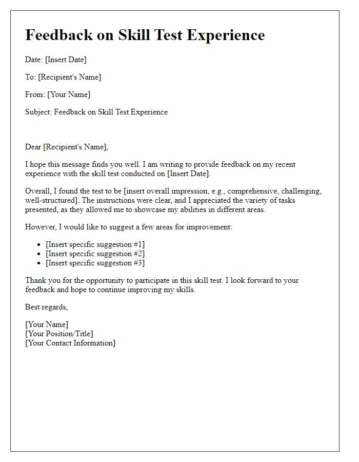 Letter template of feedback on skill test experience