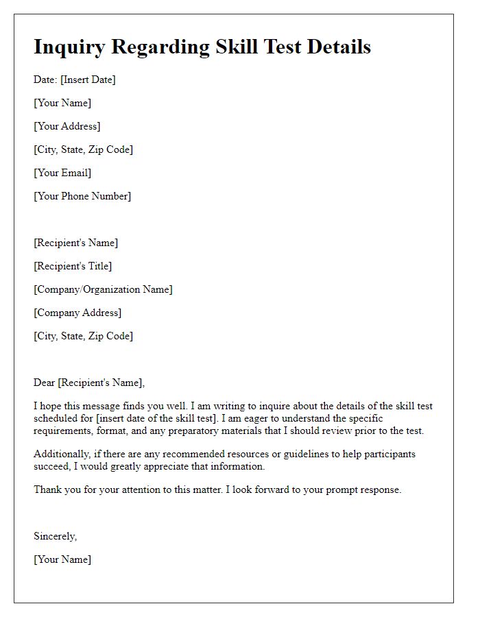 Letter template of inquiry regarding skill test details