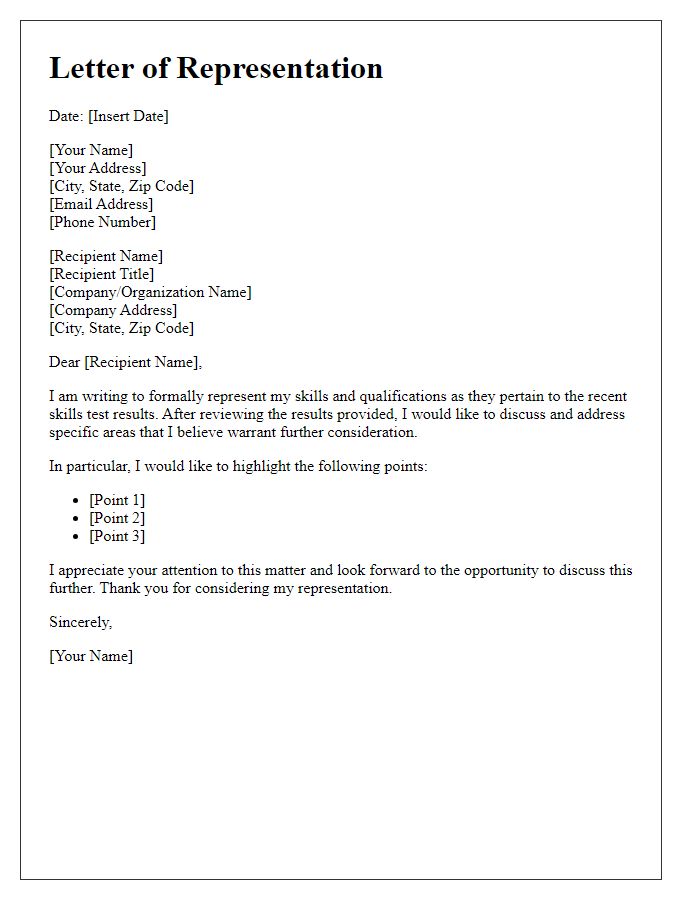 Letter template of representation for skill test results