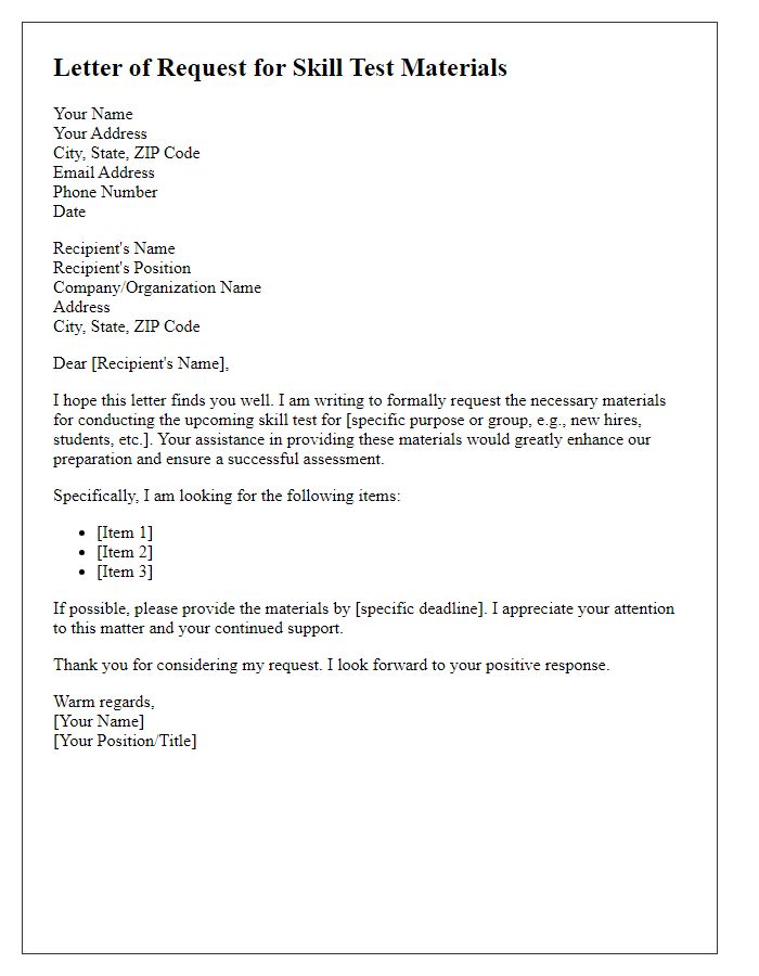 Letter template of request for skill test materials