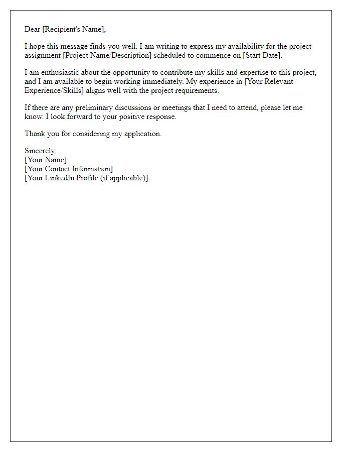 Letter template of candidate availability for project assignment