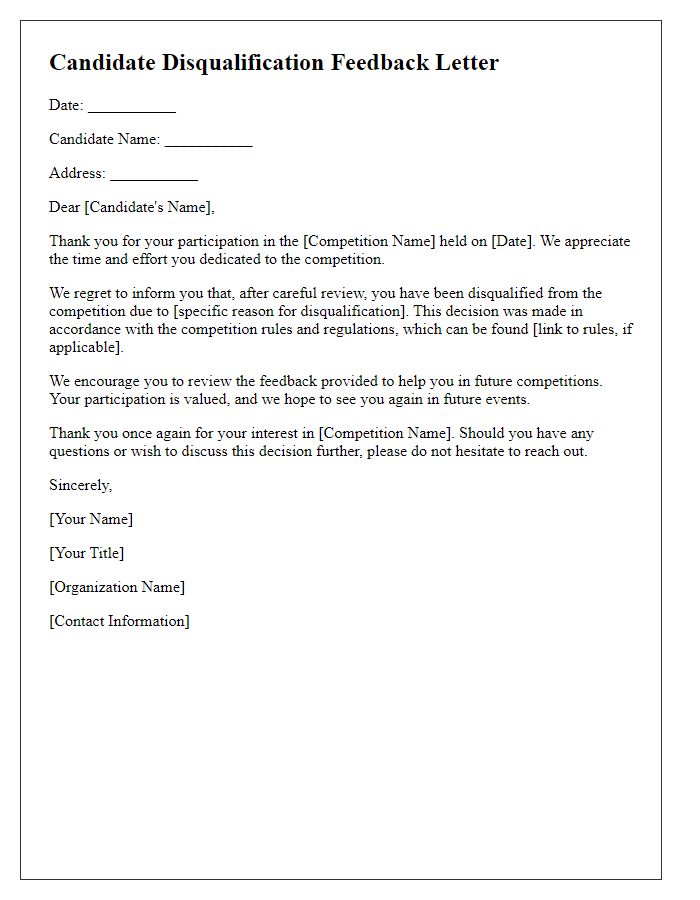 Letter template of candidate disqualification feedback for competitions.