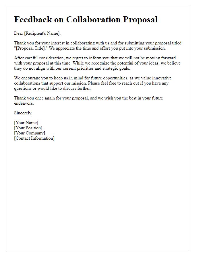 Letter template of feedback for declined collaboration proposals.